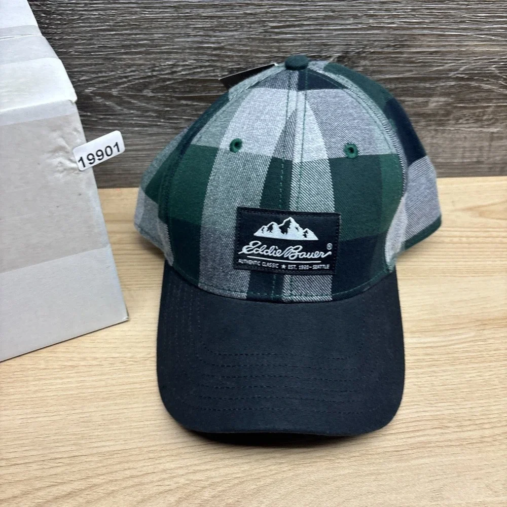 Eddie Bauer Hat Cap‎ Strap Back Green Black Gray Plaid Patch Outdoor Hiking NWT